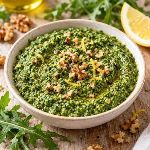 Veganes Rucola-Pesto mit Walnüssen und Zitronenschale in einer Schale