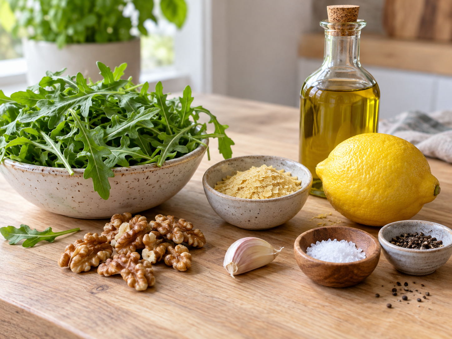 Zutaten für veganes Rucola-Pesto mit Walnüssen, Zitrone und Olivenöl