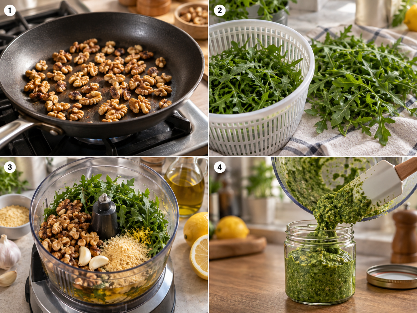 Vier Schritte für veganes Rucola-Pesto vom Rösten bis zum Abfüllen