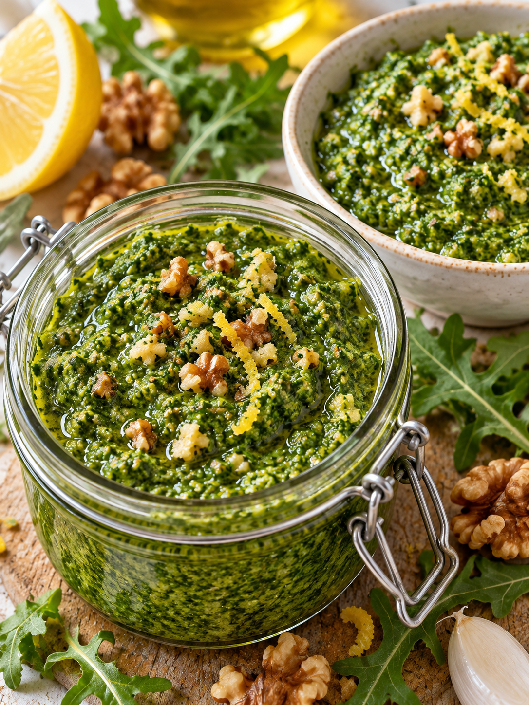 Veganes Rucola-Pesto im Glas mit Walnüssen, Rucola und Zitrone