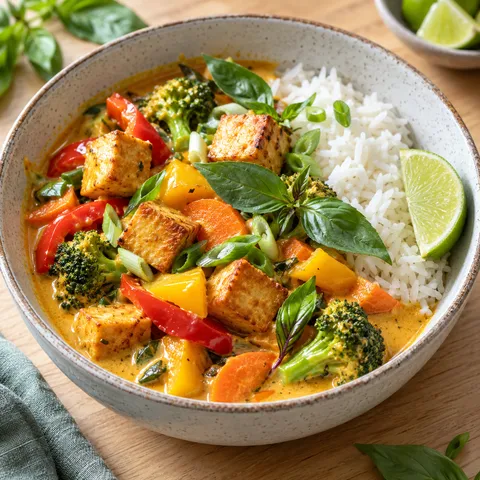 Veganes Thai-Curry mit Tofu, Gemüse, Basilikum und Reis