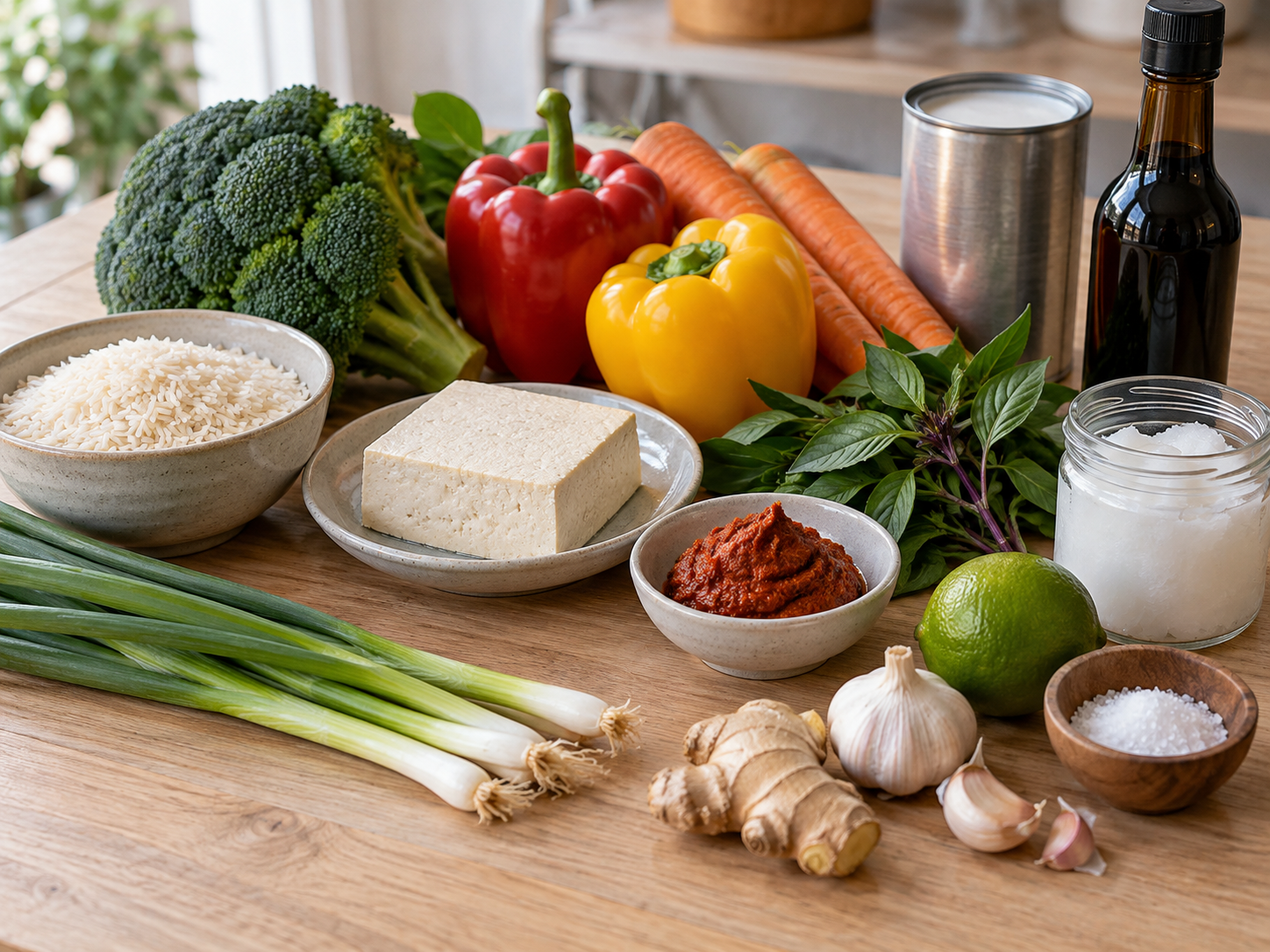Zutaten für veganes Thai-Curry mit Tofu, Gemüse und Kokosmilch