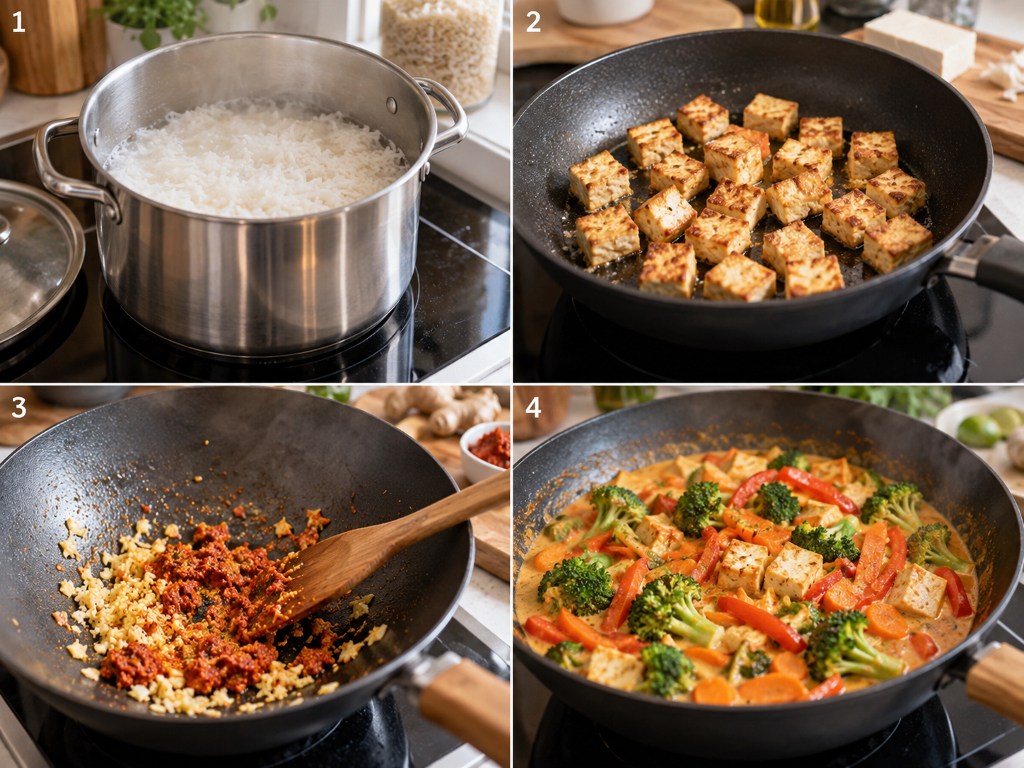 Vier Schritte für veganes Thai-Curry mit Reis, Tofu und Gemüse
