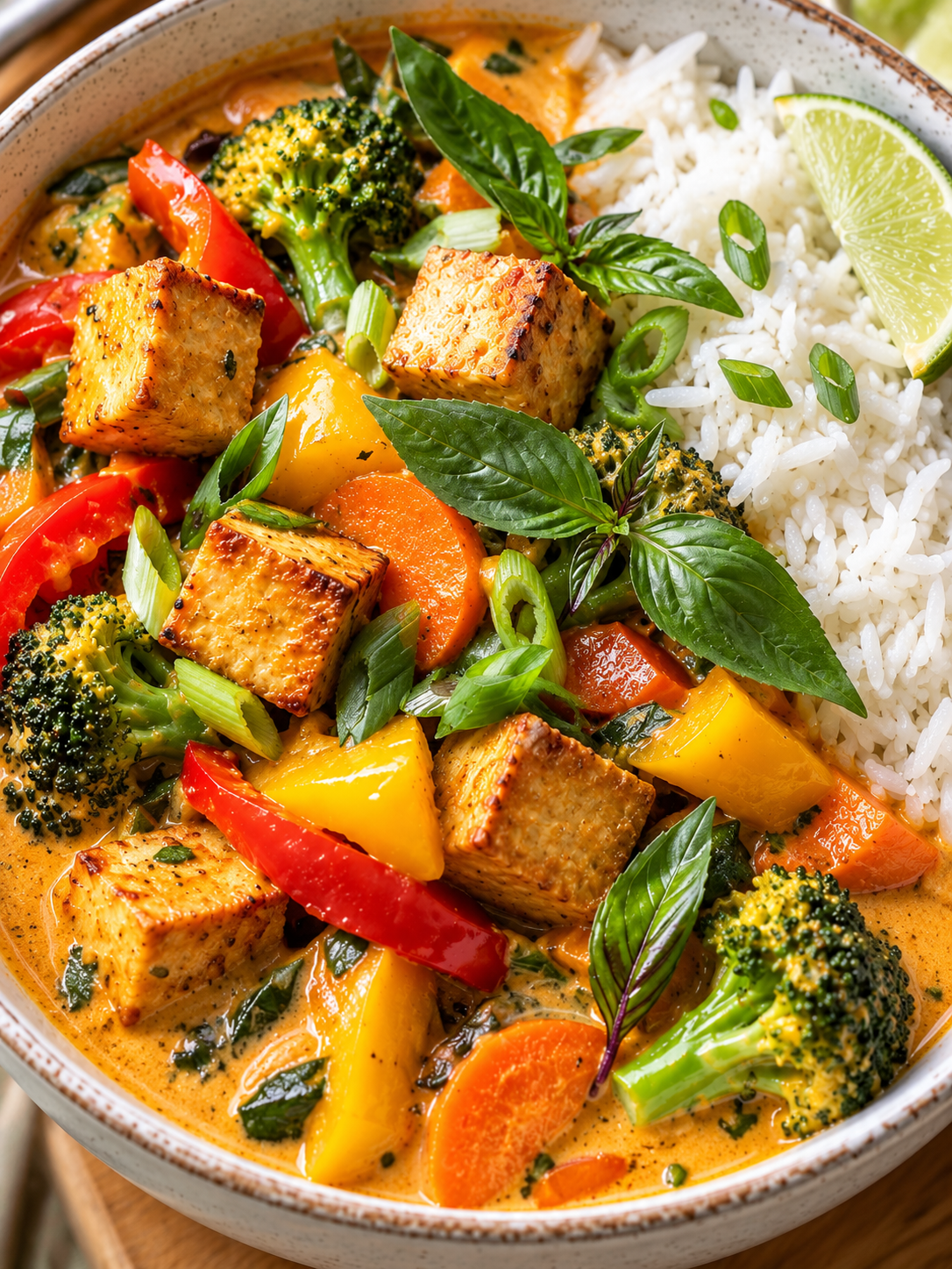 Cremiges veganes Thai-Curry mit Tofu, Gemüse und Reis