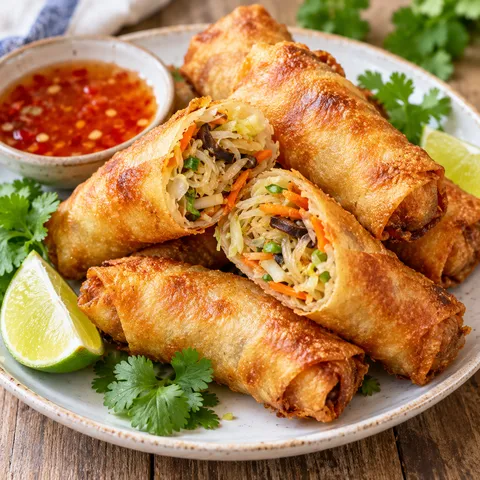 Knusprige vegetarische Frühlingsrollen mit Gemüsefüllung und Dip