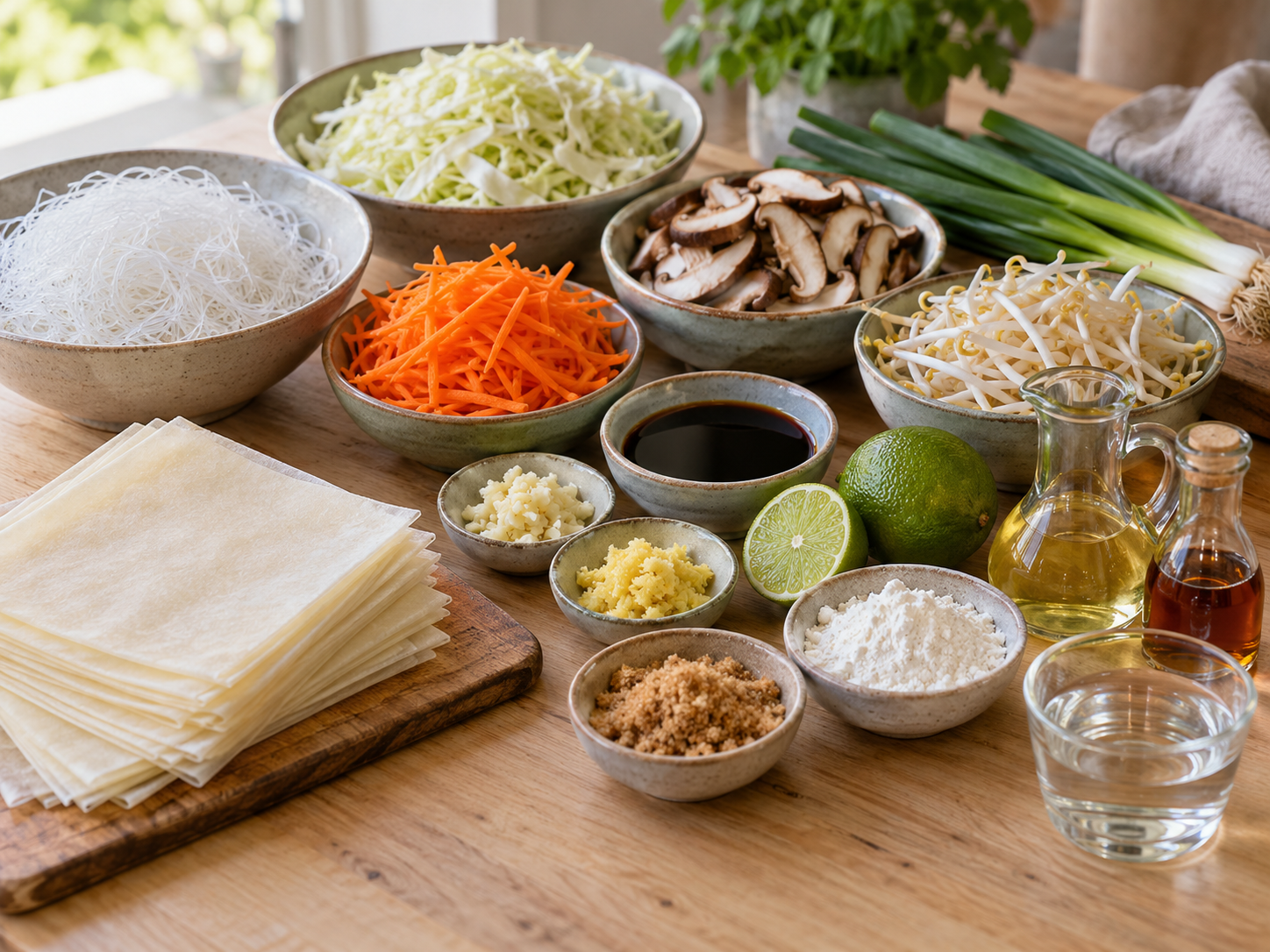 Zutaten für vegetarische Frühlingsrollen mit Gemüse und Teigblättern