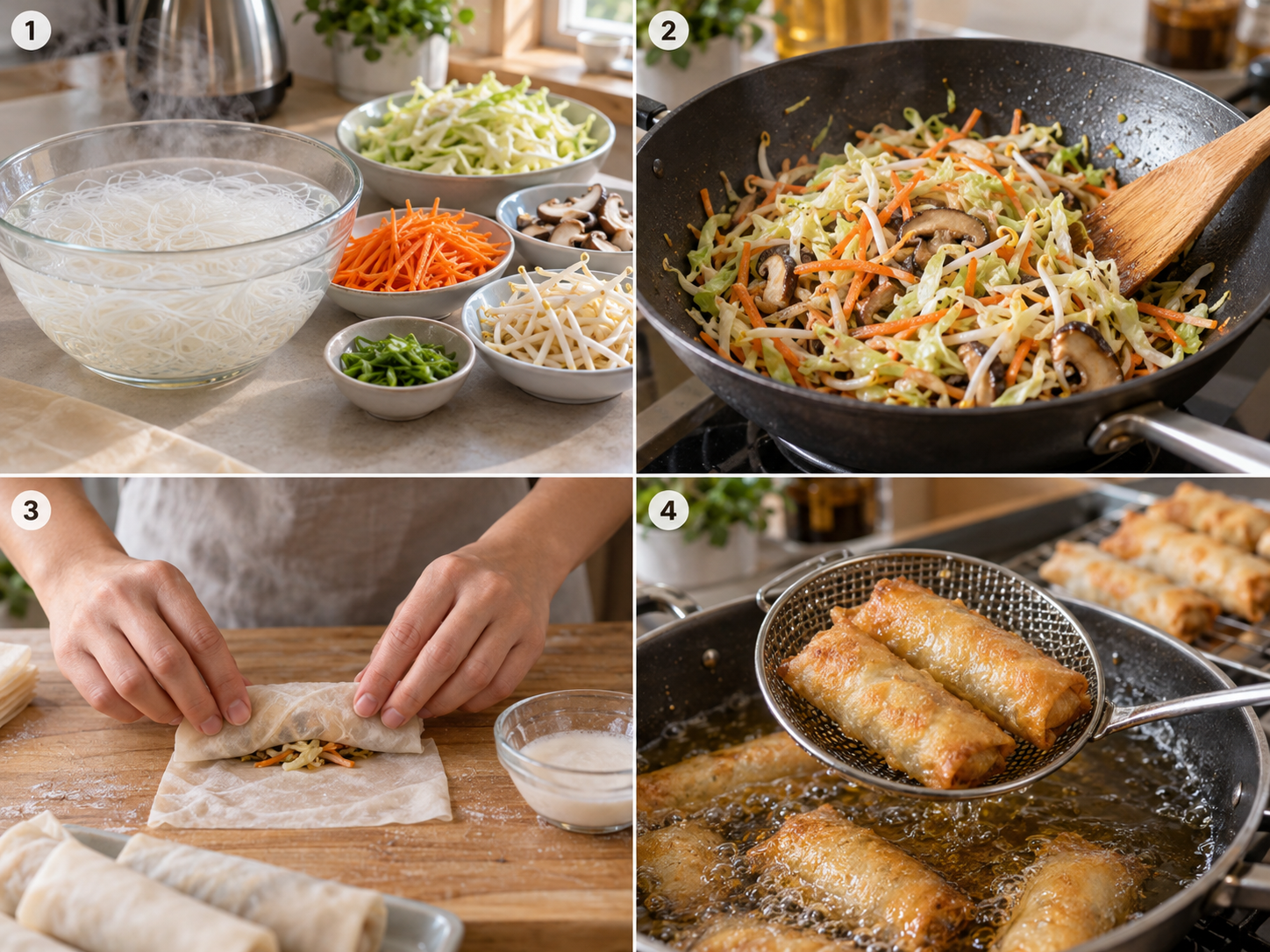 Vier Schritte für vegetarische Frühlingsrollen vom Füllen bis Frittieren