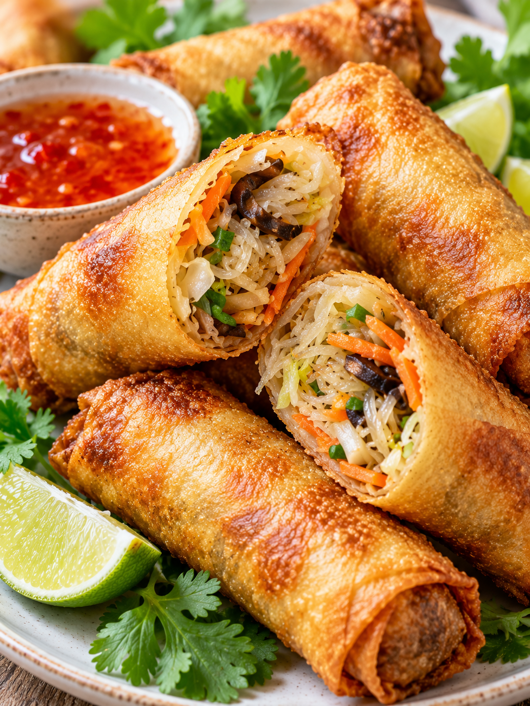 Goldbraune vegetarische Frühlingsrollen mit Gemüsefüllung und Sauce