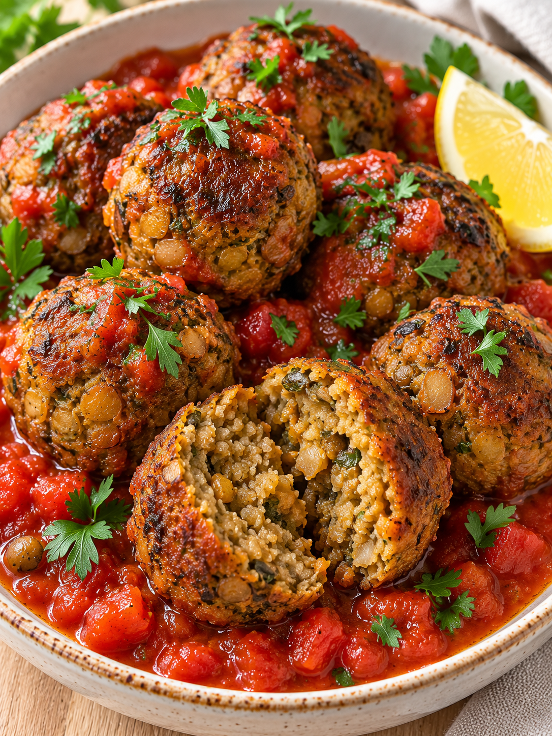 Goldbraune vegetarische Hackbällchen in Tomatensauce