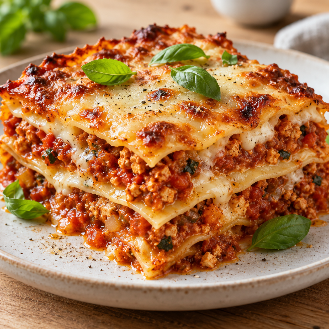 Vegetarische Lasagne Bolognese mit goldbrauner Käsekruste