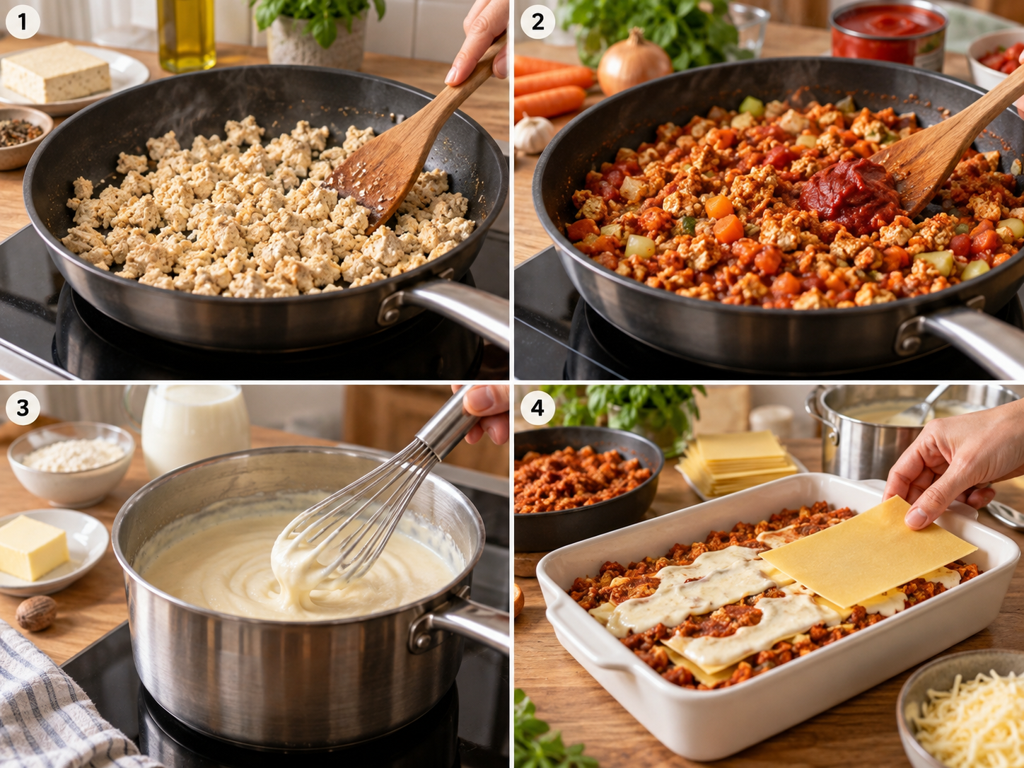 Vier Zubereitungsschritte für vegetarische Lasagne Bolognese