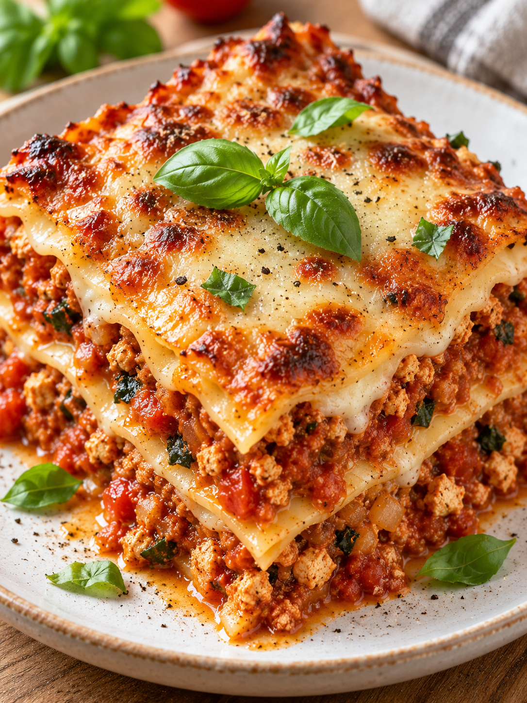 Saftiges Stück vegetarische Lasagne Bolognese auf hellem Teller