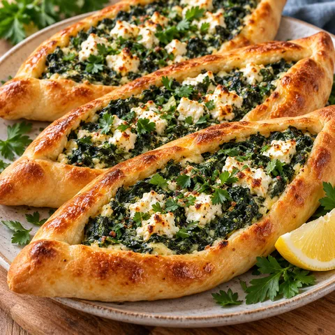 Vegetarische Pide mit Spinat, Feta und Petersilie