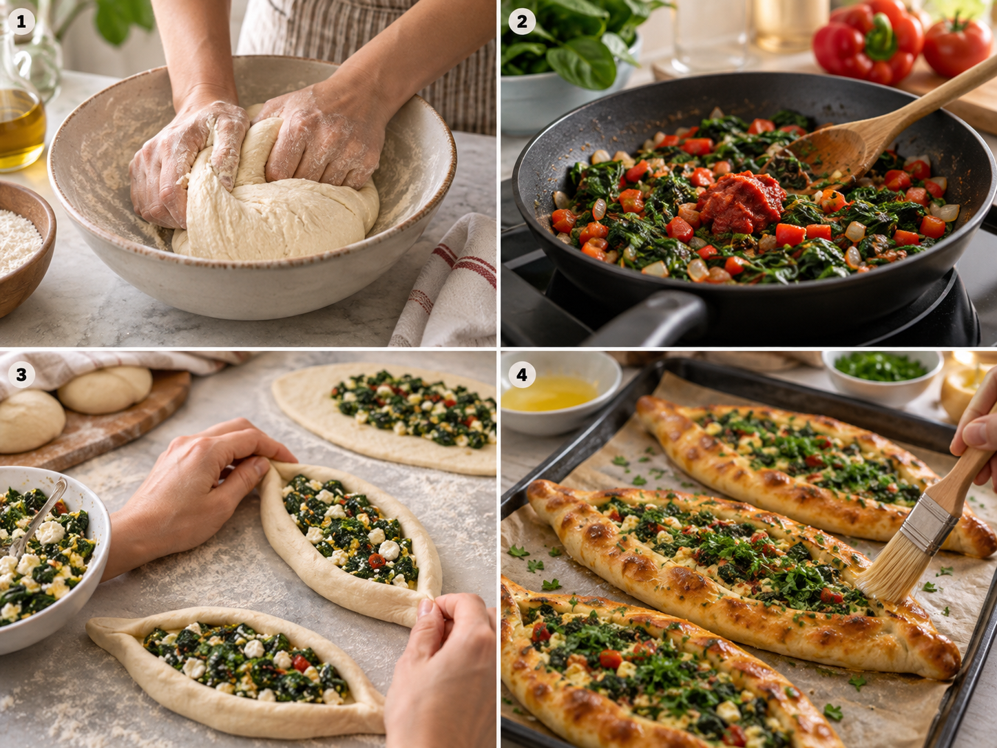 Vier Schritte für vegetarische Pide vom Teig bis zum Backblech