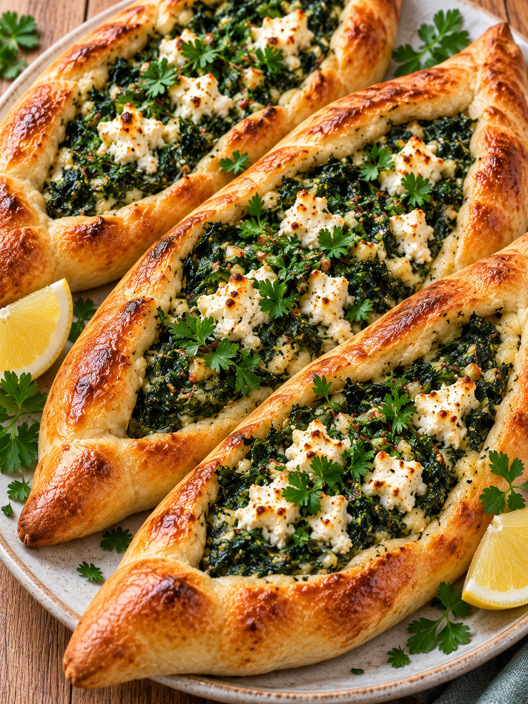 Goldbraune vegetarische Pide mit Spinat und Feta auf einem Teller