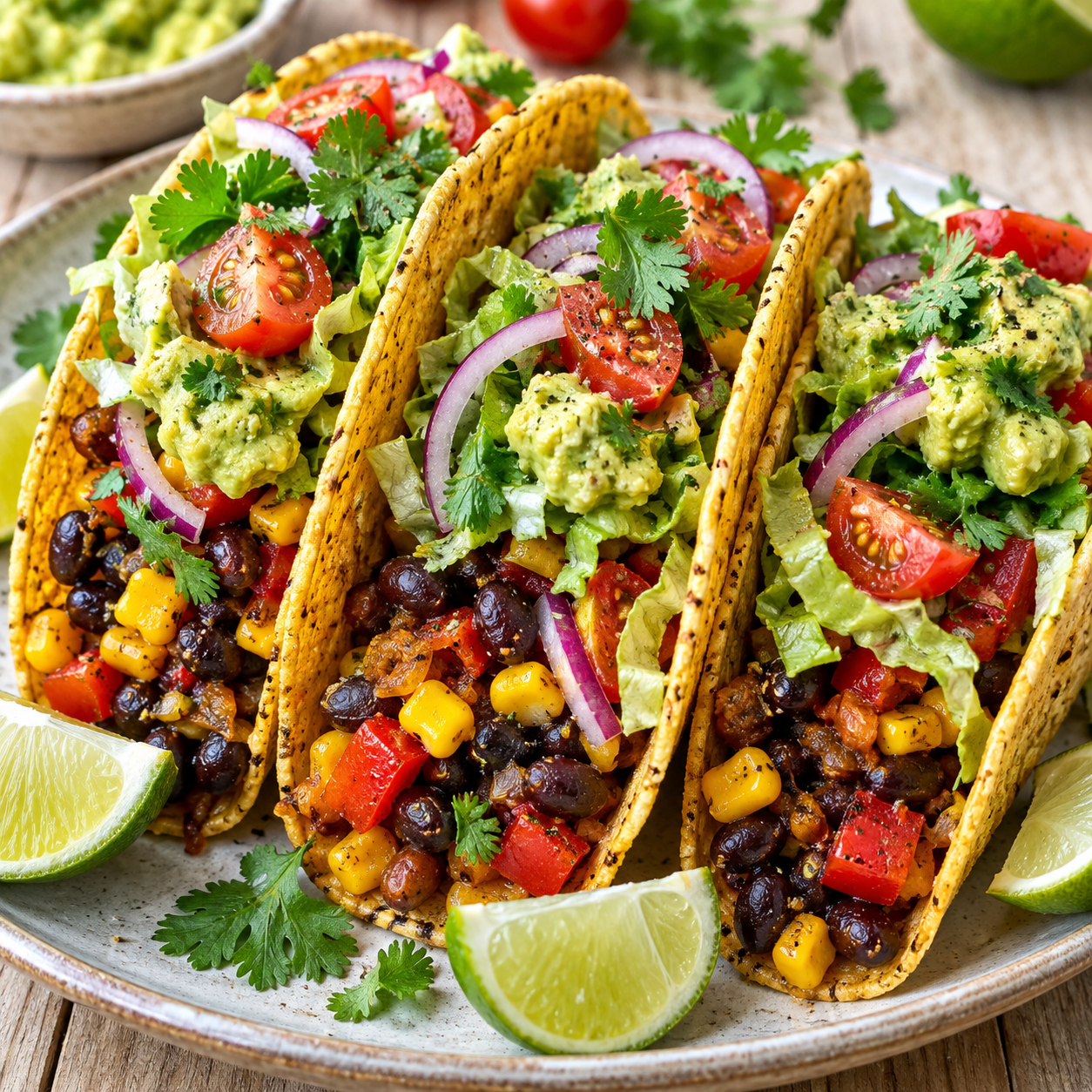 Vegetarische Tacos mit Bohnen, Guacamole, Tomaten und Koriander