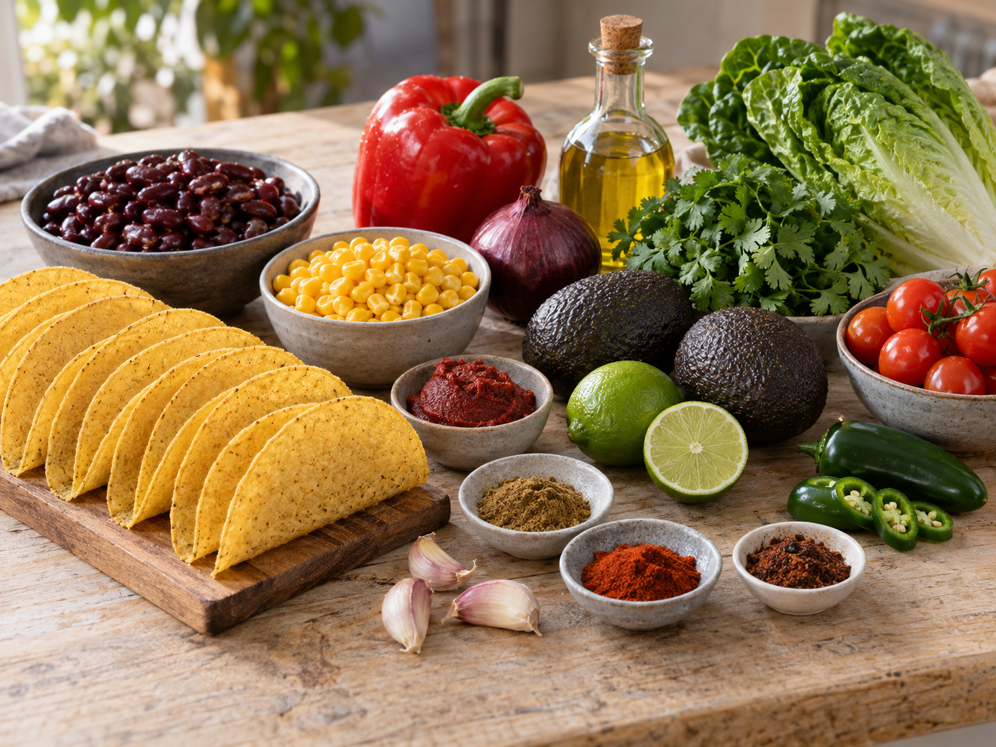 Zutaten für vegetarische Tacos mit Bohnen, Avocado und Gemüse