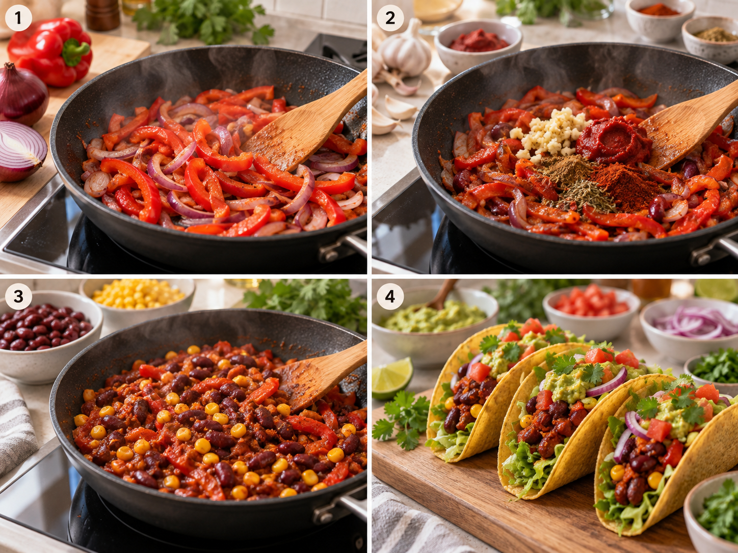 Vier Zubereitungsschritte für vegetarische Tacos mit Bohnenfüllung