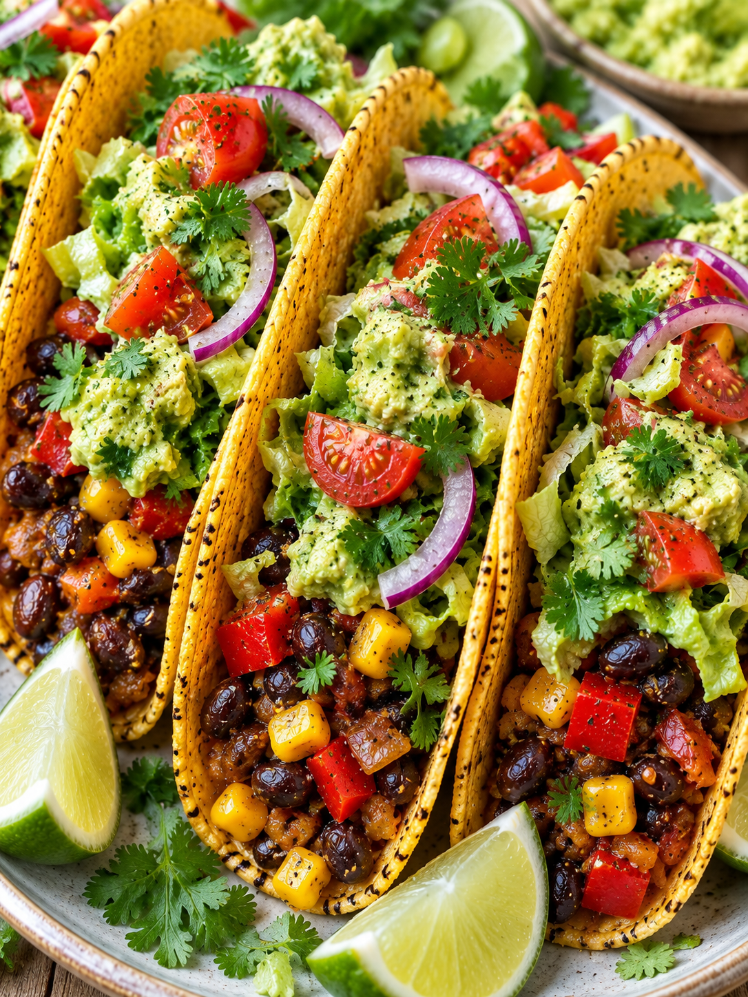 Vegetarische Tacos mit Guacamole, Bohnenfüllung, Tomaten und Limette