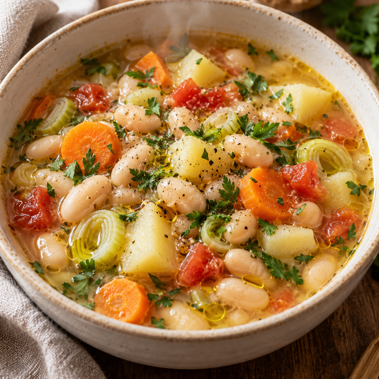 Vegetarische weiße Bohnensuppe mit Kartoffeln, Karotten und Petersilie