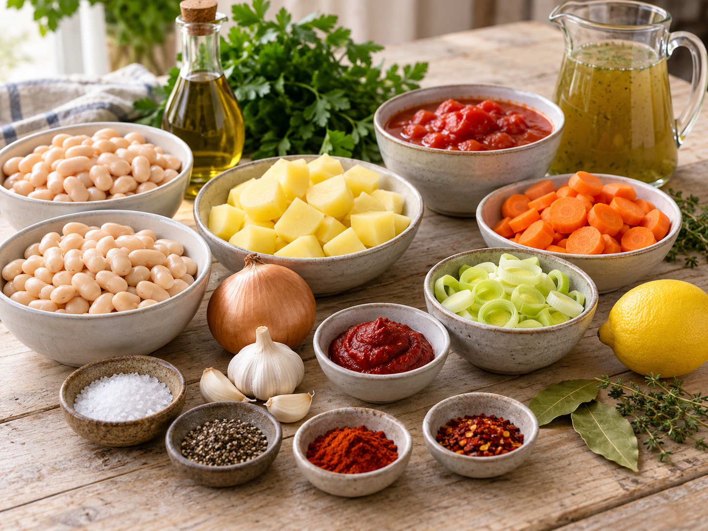 Zutaten für vegetarische weiße Bohnensuppe auf heller Holzfläche