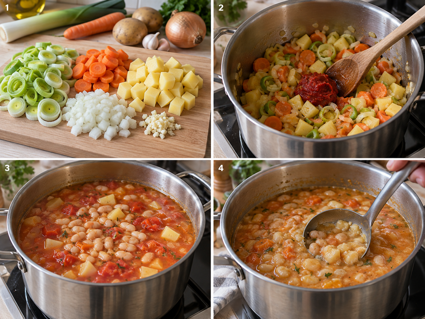 Vier Schritte für weiße Bohnensuppe vom Schneiden bis zum Binden