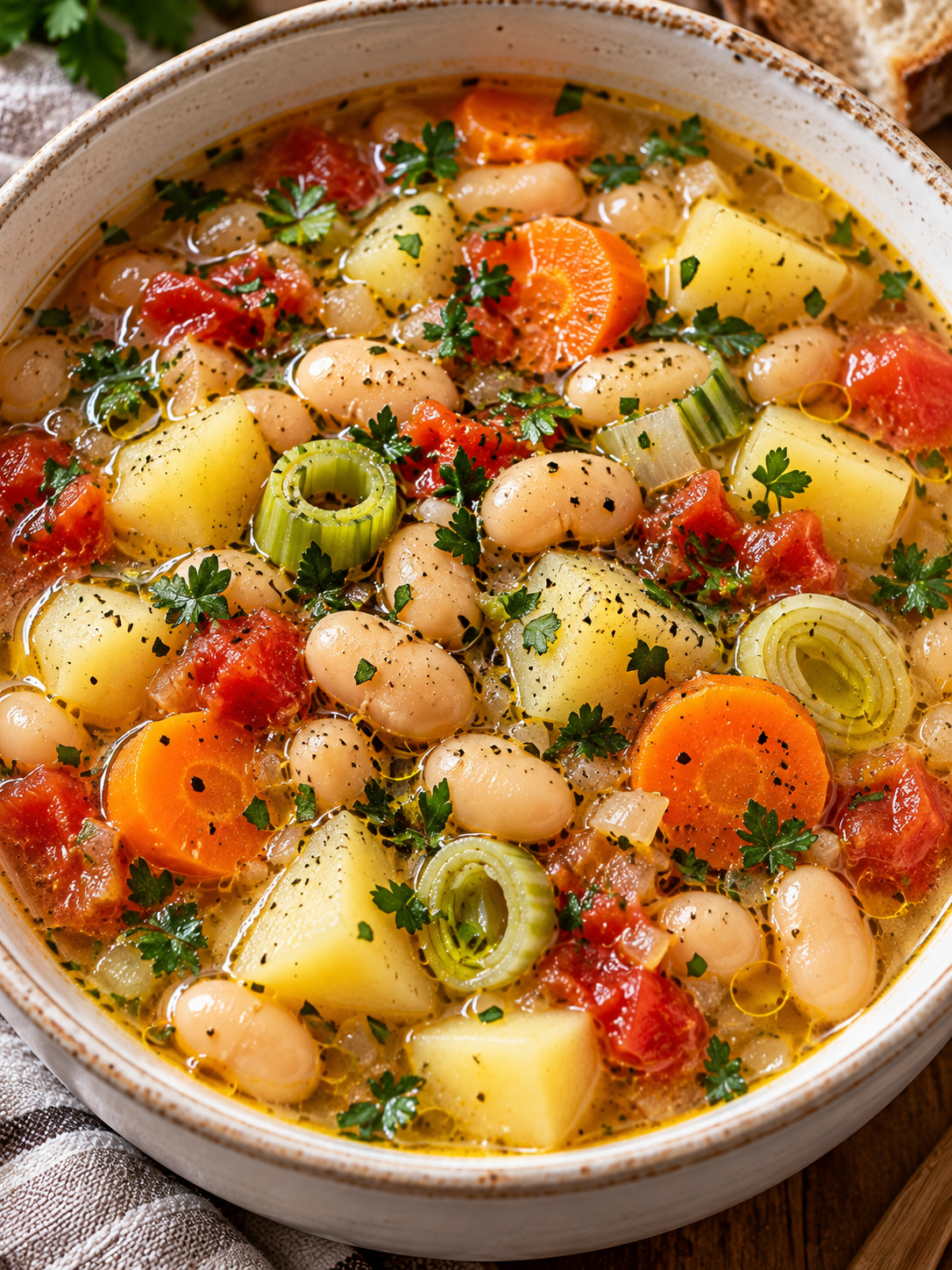 Schüssel weiße Bohnensuppe mit Gemüse, Petersilie und Olivenöl