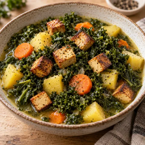 Vegetarischer Grünkohleintopf mit Kartoffeln und Räuchertofu