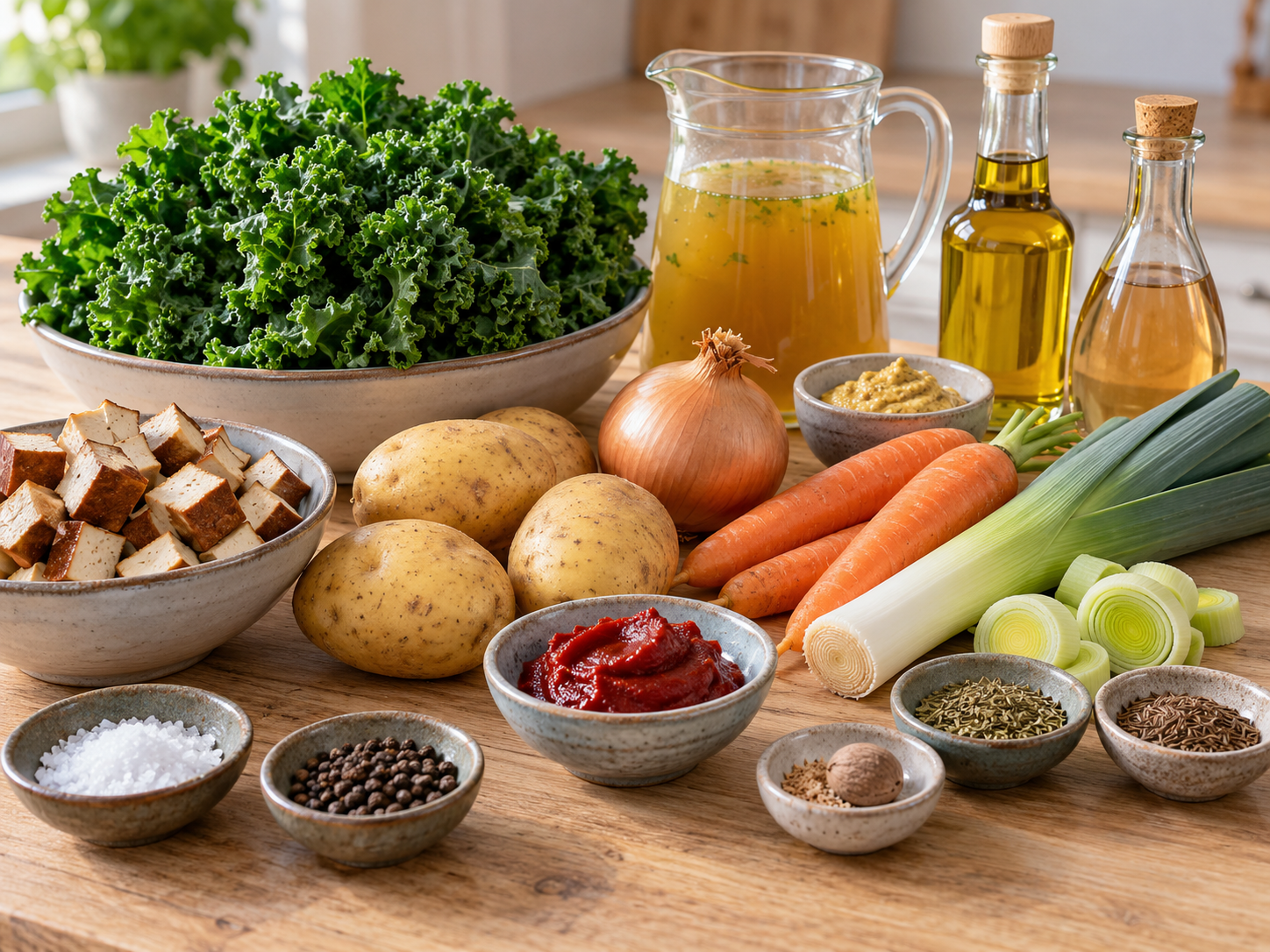 Zutaten für vegetarischen Grünkohleintopf mit Kartoffeln und Tofu