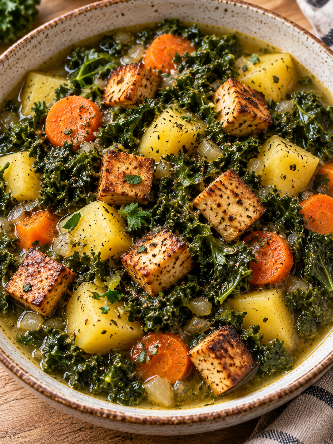 Teller vegetarischer Grünkohleintopf mit Räuchertofu und Kartoffeln