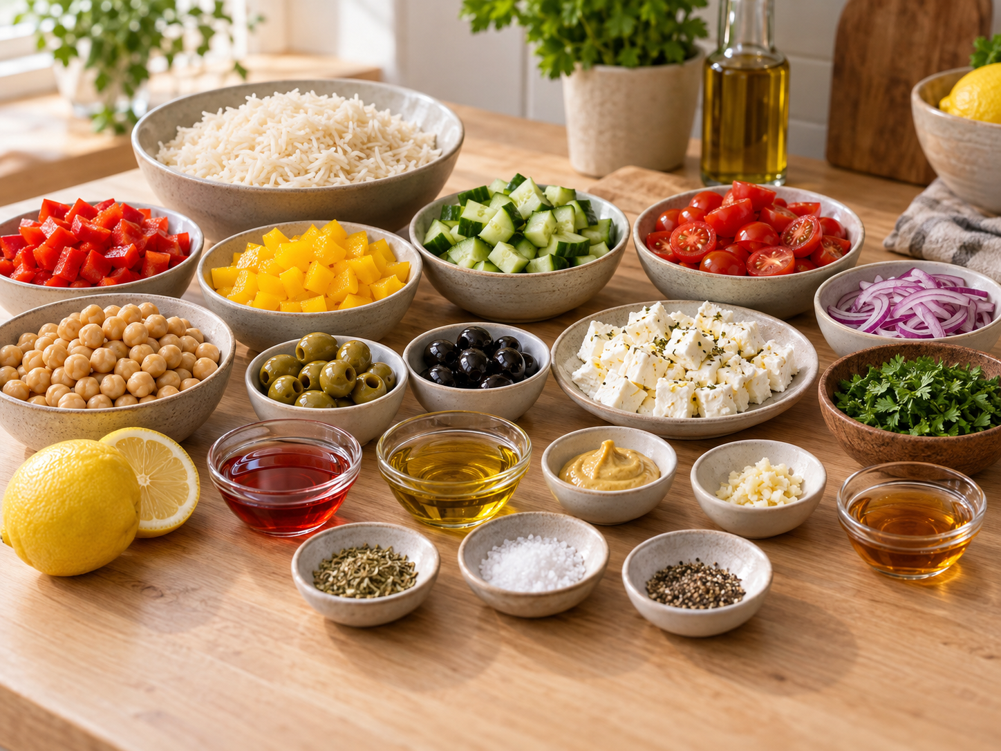Zutaten für vegetarischen Reissalat mit Gemüse, Feta und Dressing