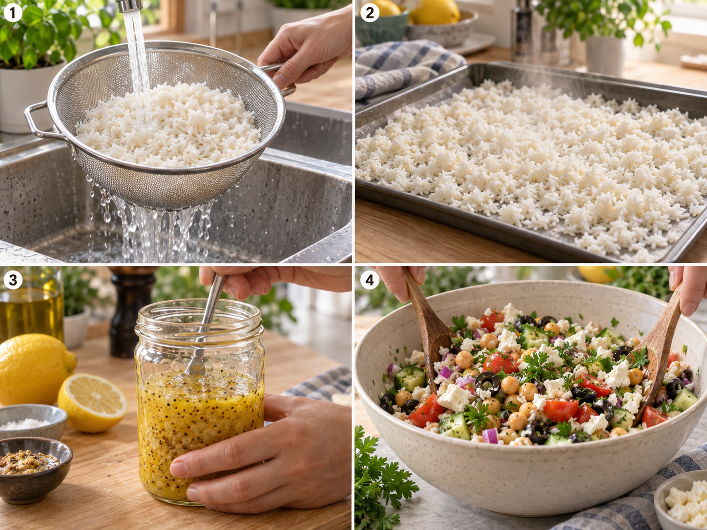 Vier Schritte für vegetarischen Reissalat vom Reis bis zum Mischen