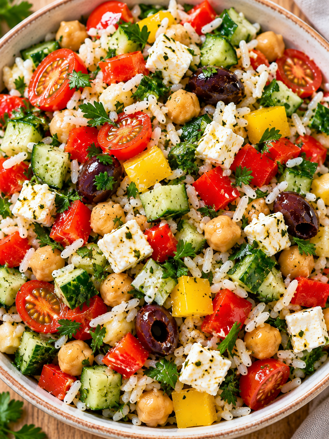 Bunter vegetarischer Reissalat mit Feta und Zitronen-Dressing