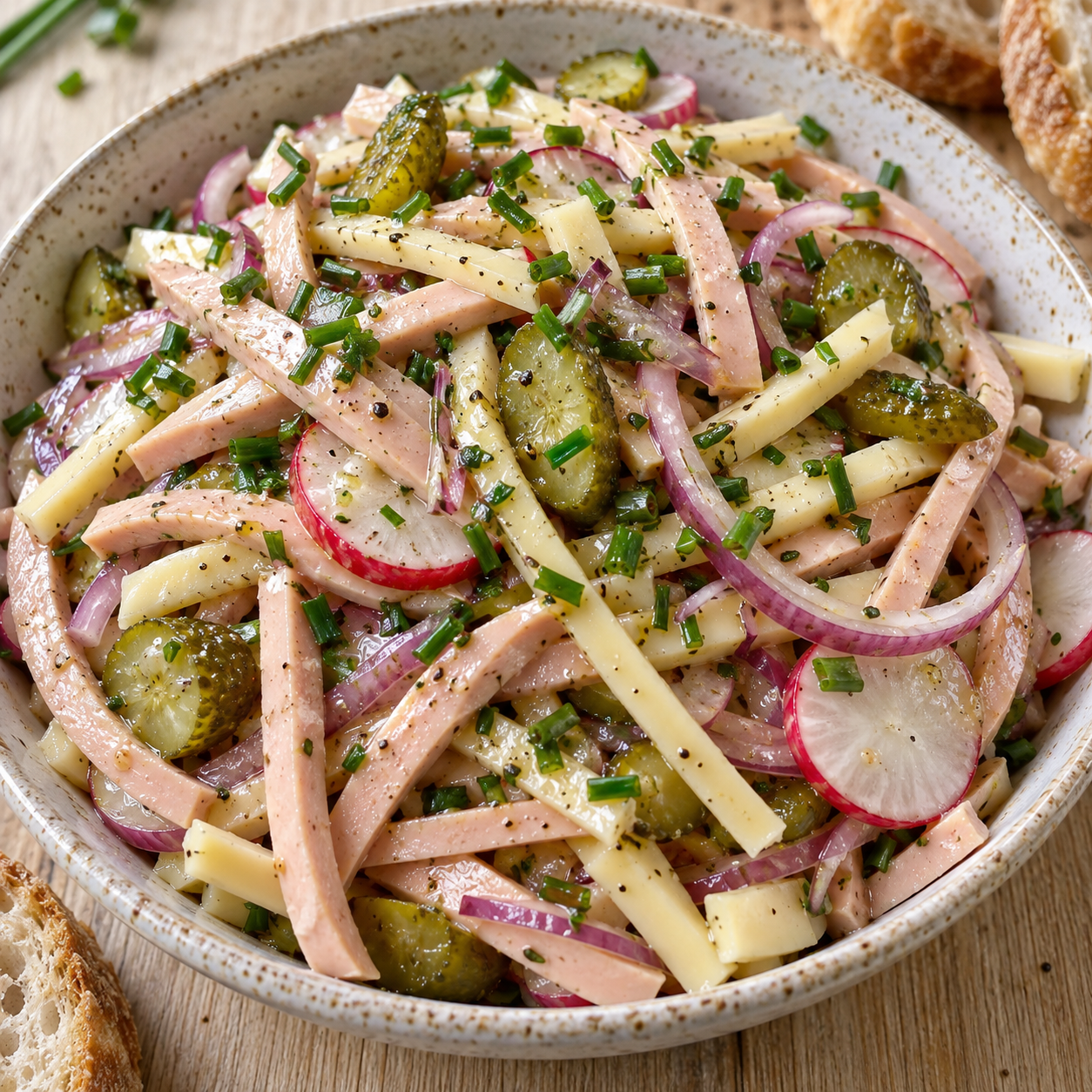 Vegetarischer Wurstsalat mit Käse, Gurken, Radieschen und Schnittlauch