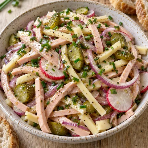 Vegetarischer Wurstsalat mit Käse, Gurken, Radieschen und Schnittlauch
