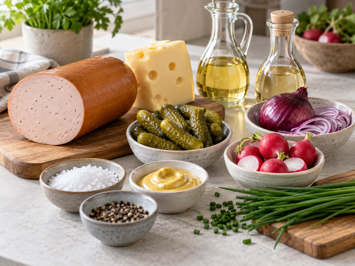 Zutaten für vegetarischen Wurstsalat mit Käse, Gurken und Radieschen