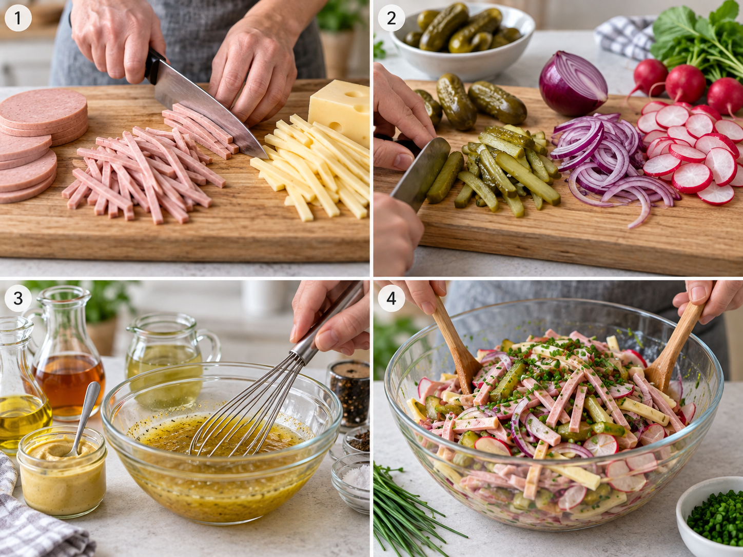 Vier Zubereitungsschritte für vegetarischen Wurstsalat
