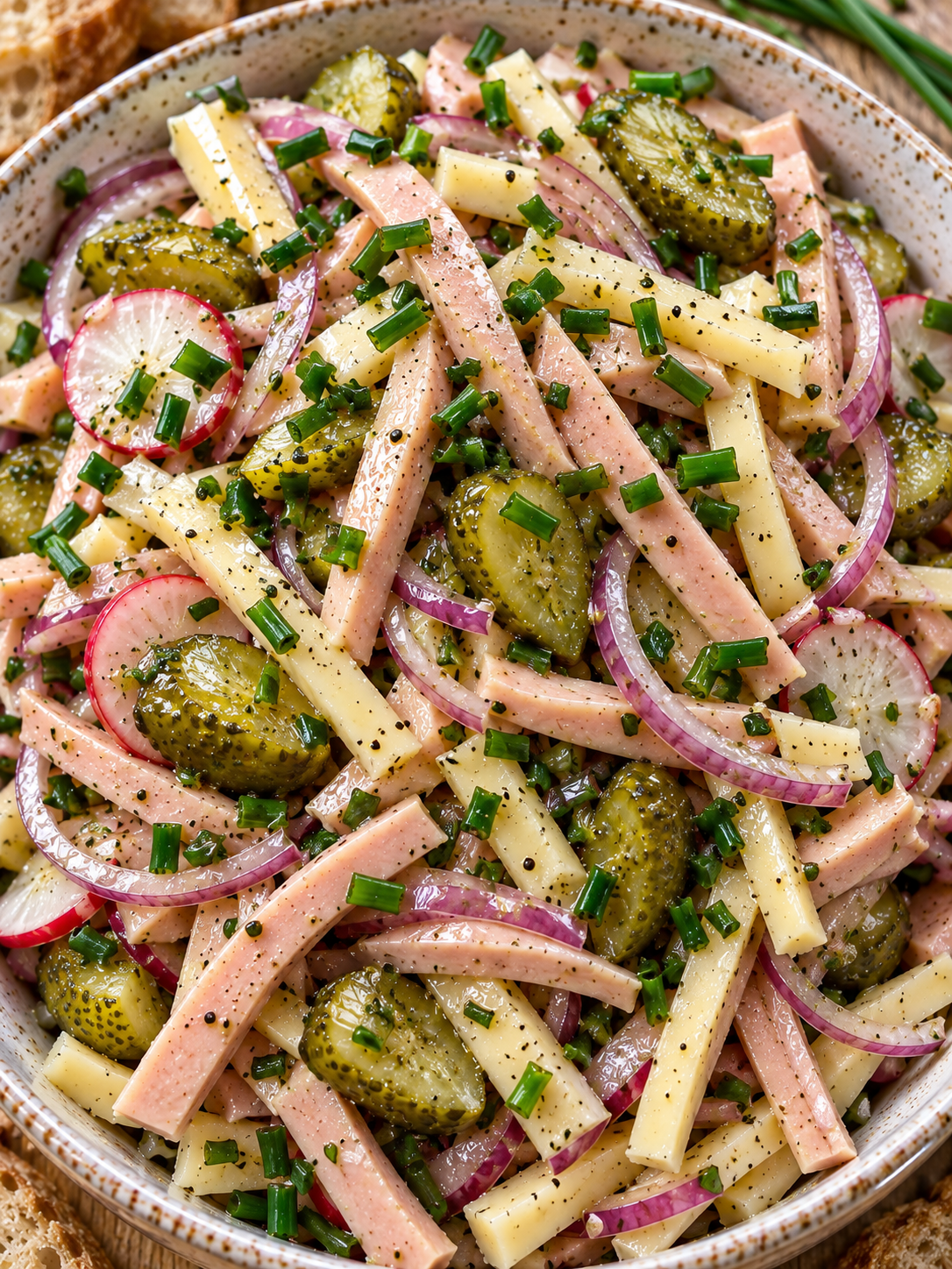 Vegetarischer Wurstsalat mit glänzendem Dressing und frischem Schnittlauch