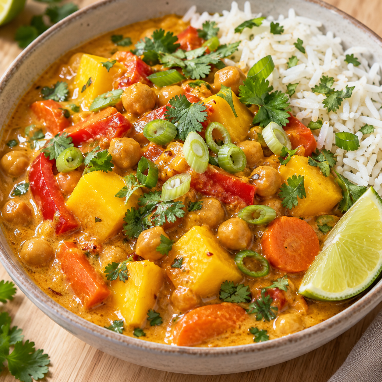 Vegetarisches Mango-Curry mit Reis, Kichererbsen, Koriander und Limette