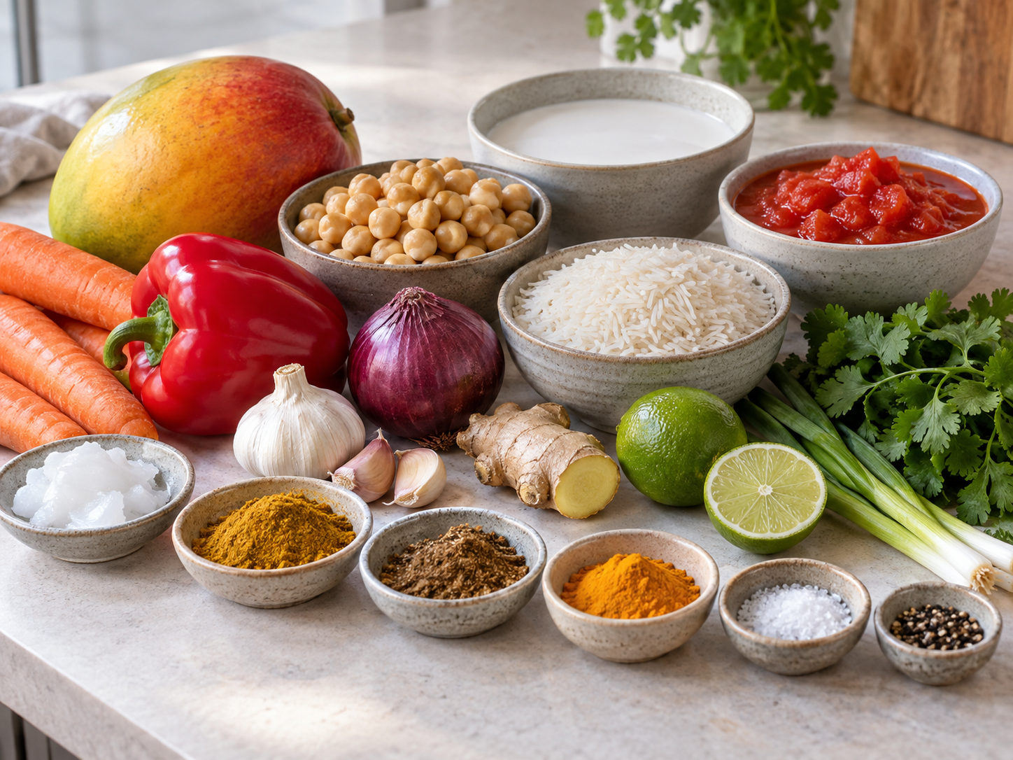 Zutaten für vegetarisches Mango-Curry mit Mango, Kichererbsen und Kokosmilch