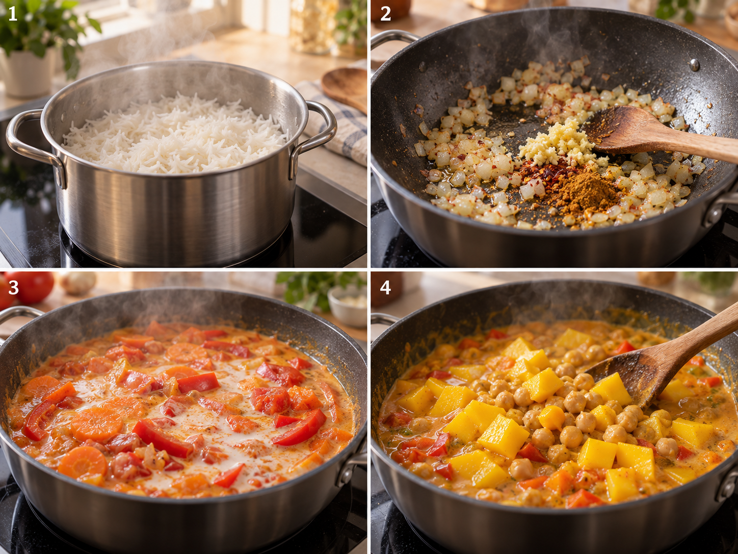 Vier Kochschritte für Mango-Curry von Reis bis cremiger Sauce
