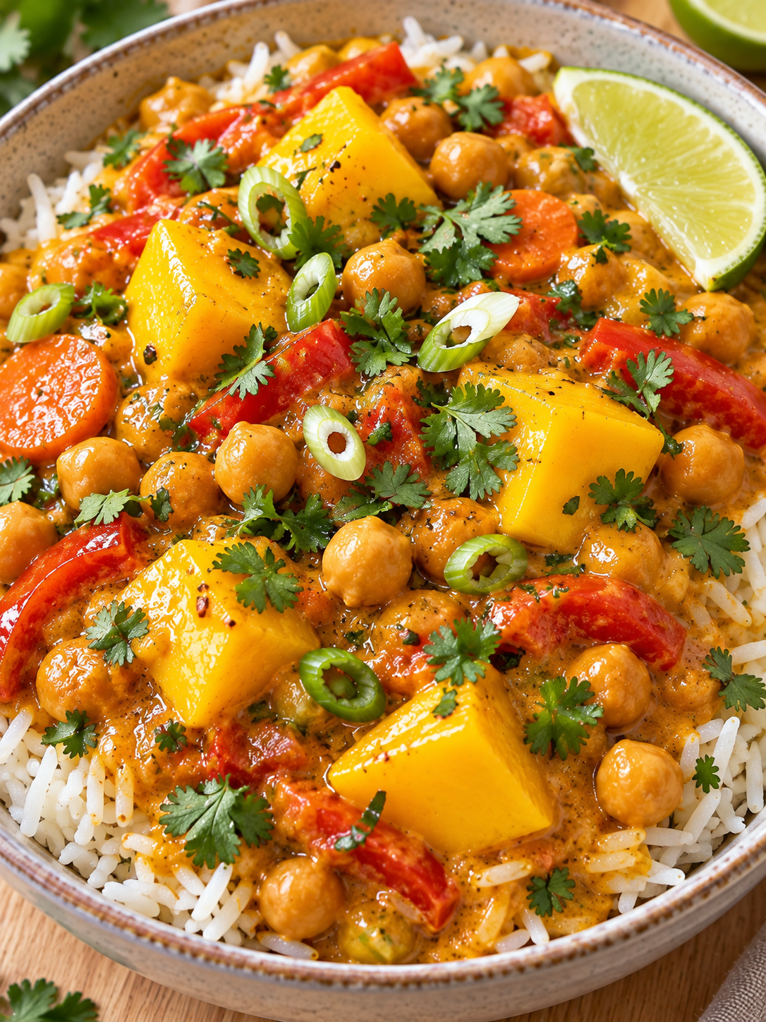 Cremiges vegetarisches Mango-Curry mit Reis, Limette und frischen Kräutern