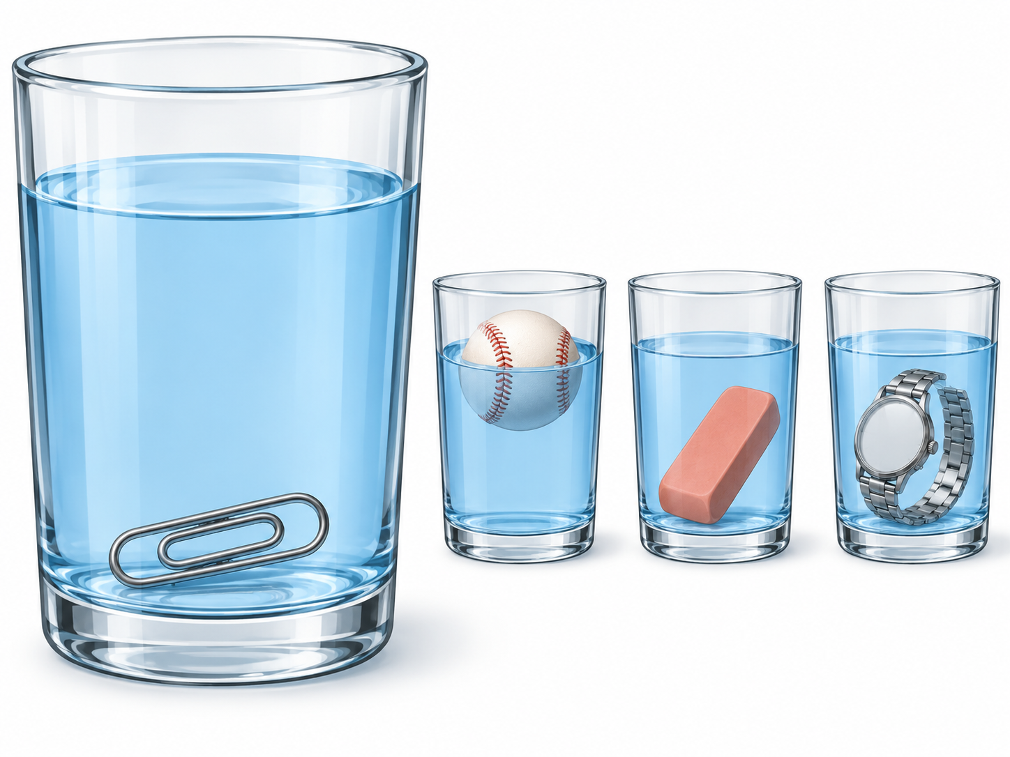 Vergrößerte Büroklammer im Wasserglas; zwischen ihren Drahtschlaufen ist Wasser sichtbar.
