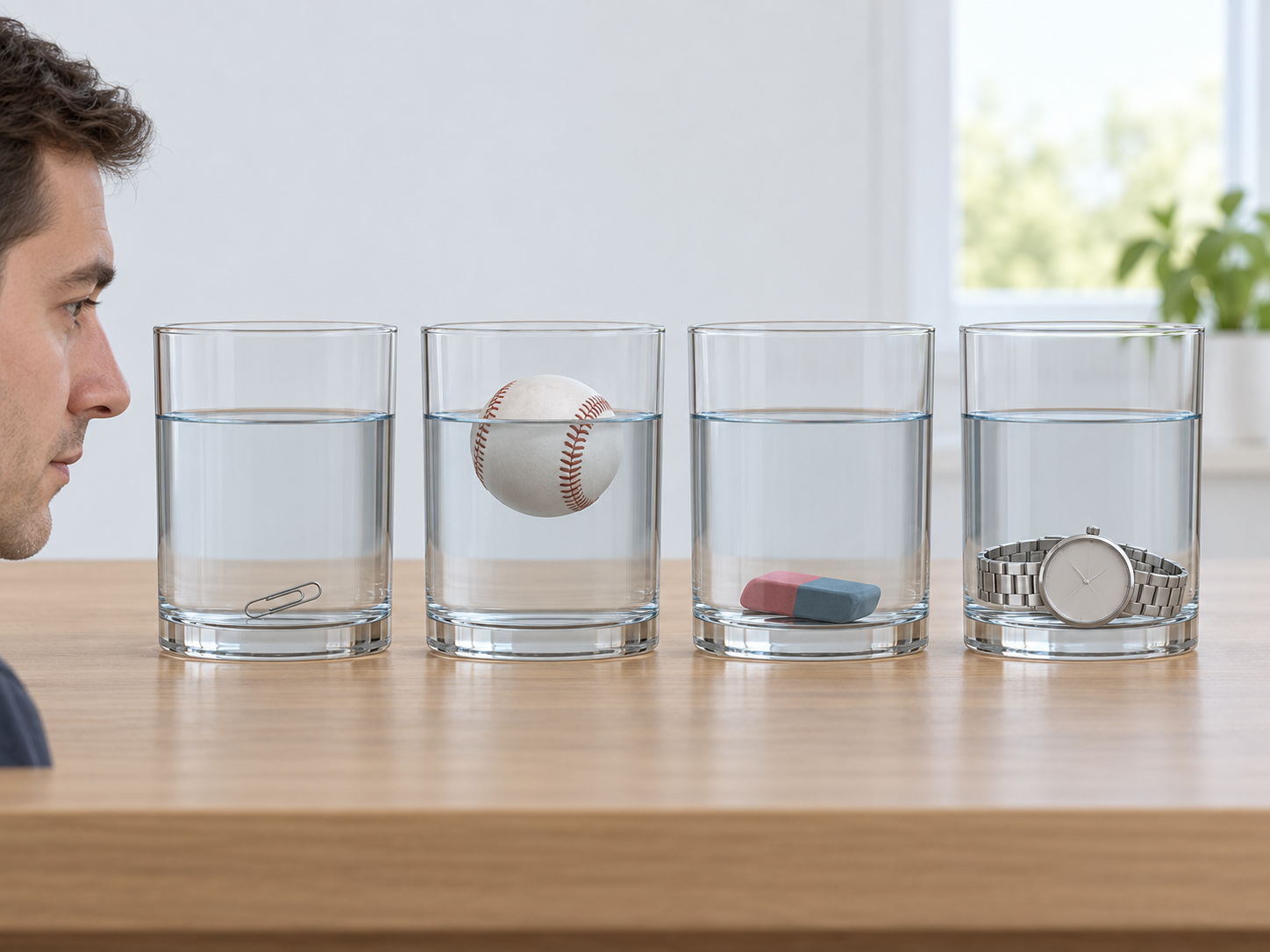 Eine Person betrachtet vier gleich hoch gefüllte Rätselgläser auf Höhe der Wasseroberflächen.