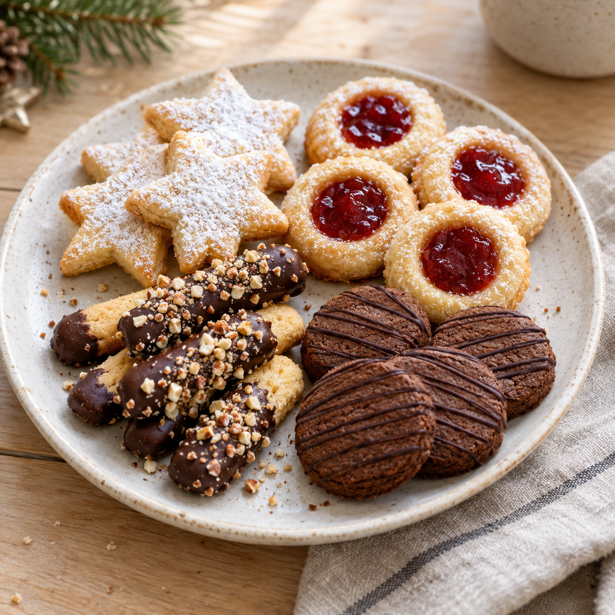 Vier Sorten Plätzchen mit Marmelade, Schokolade und Puderzucker