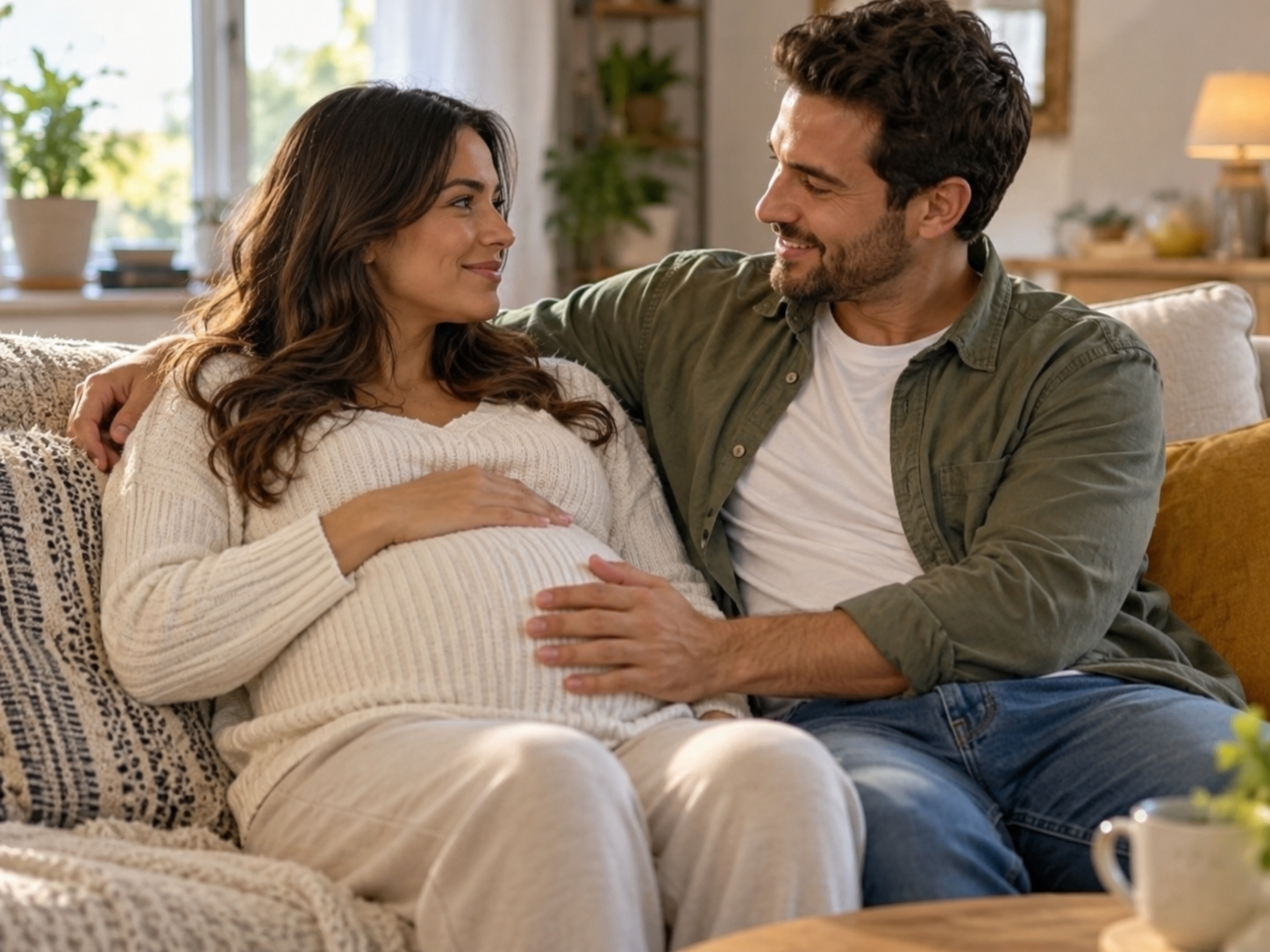 Zwei Erwachsene sprechen ruhig miteinander in einer unterstützenden Familienszene.