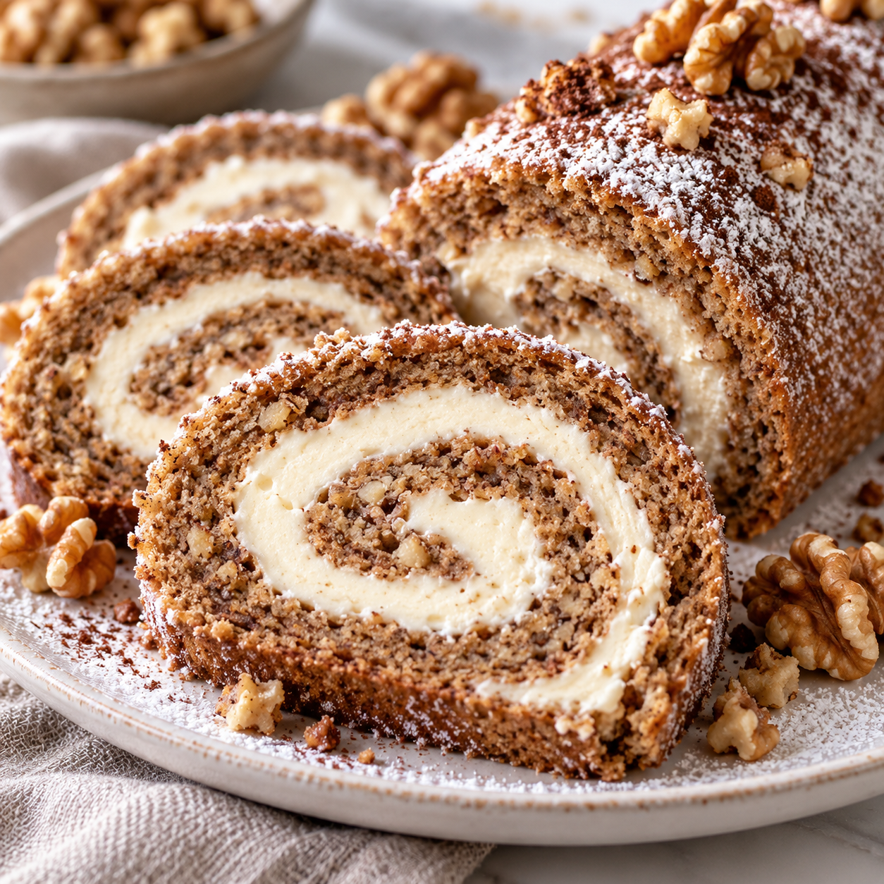Walnuss-Biskuitrolle mit Mascarponecreme, Puderzucker und Walnüssen