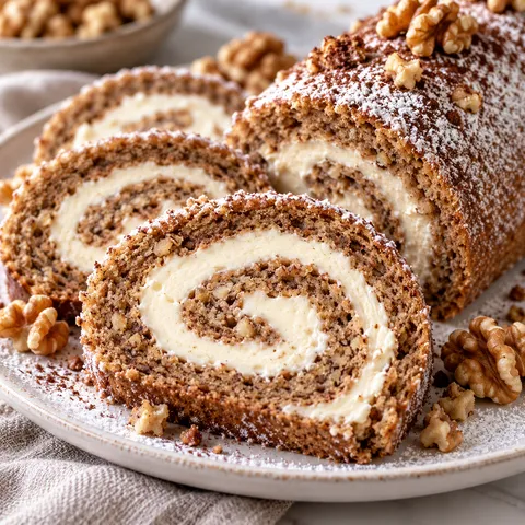 Walnuss-Biskuitrolle mit Mascarponecreme, Puderzucker und Walnüssen