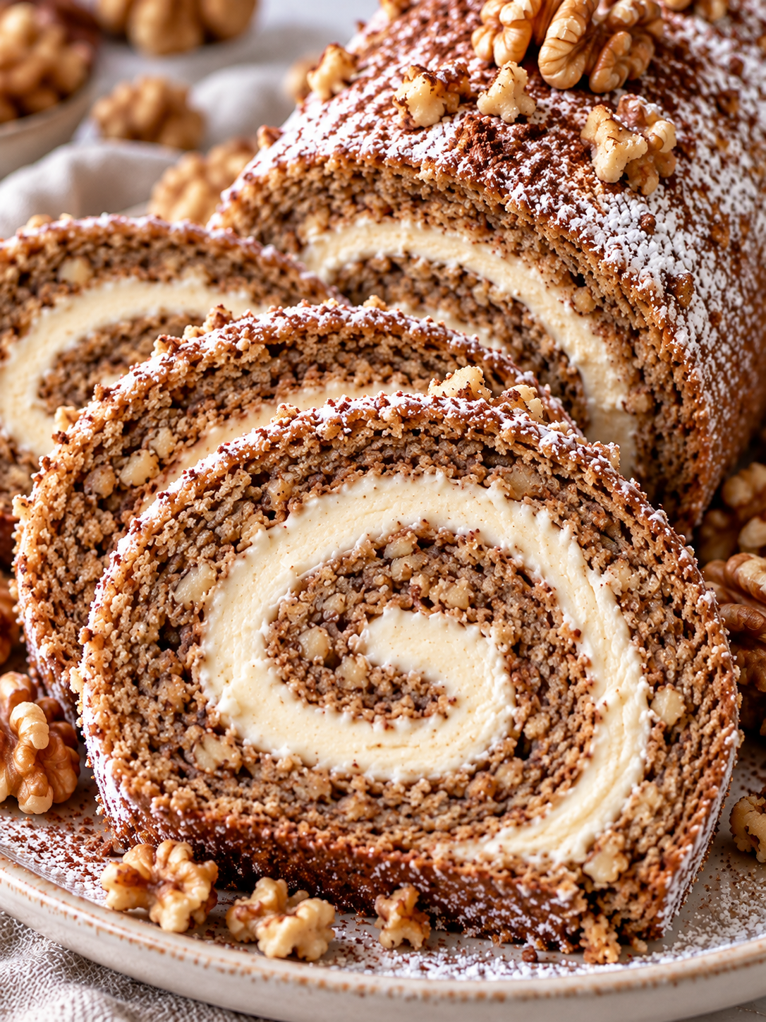 Aufgeschnittene Walnuss-Biskuitrolle mit heller Mascarponefüllung