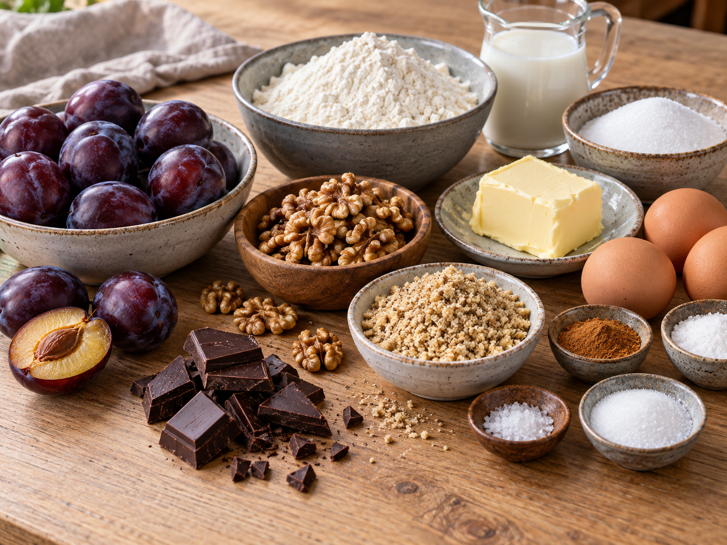 Zutaten für Walnusskuchen mit Pflaumen, Walnüssen und Schokolade